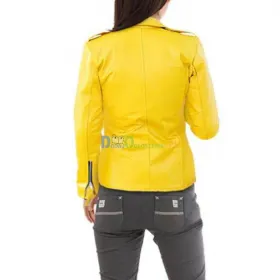 Women Ladies Bright Yellow Leather Jacket